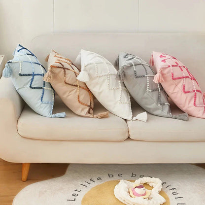 Nordic geometric tassel cushion cover with gradient design, perfect for adding modern style to your home