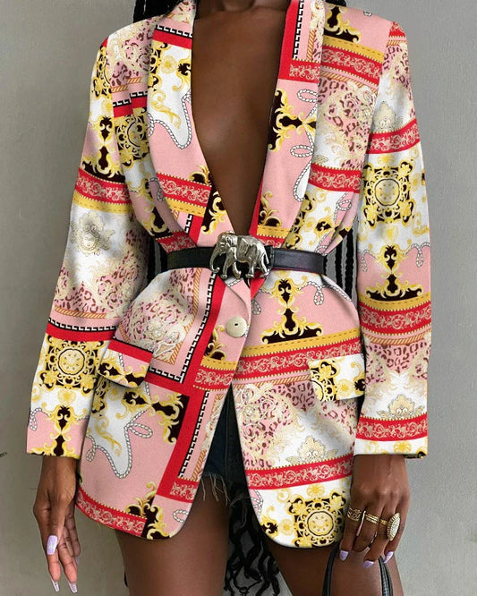 Women's Stylish Printed Shawl-Collar Single-Breasted Blazer with Belt in various colours