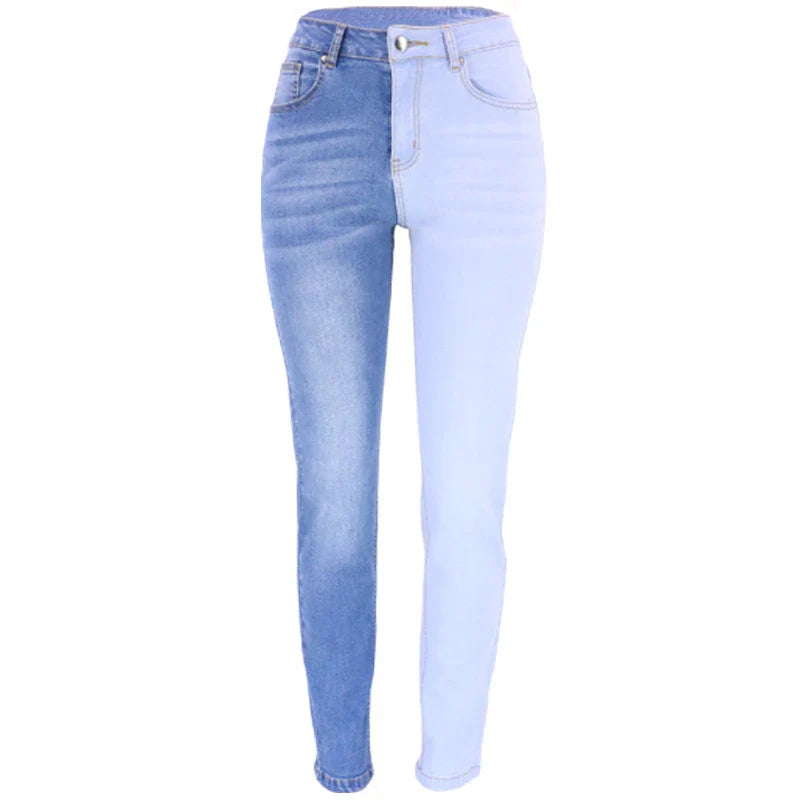 Woman wearing high-waist, straight-leg stretch jeans in black and blue colours