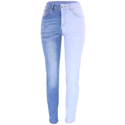 Woman wearing high-waist, straight-leg stretch jeans in black and blue colours