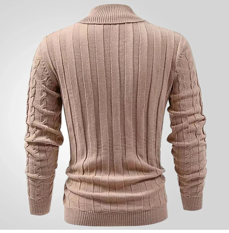 A classic khaki pullover with a tailored slim-fit design, perfect for sophisticated British style.