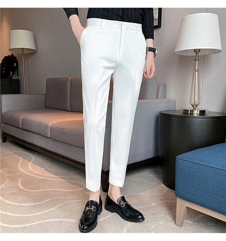 Premium men's suit trousers in a variety of colours, featuring a subtle textured drape and exceptional stretch for all-day comfort and style.