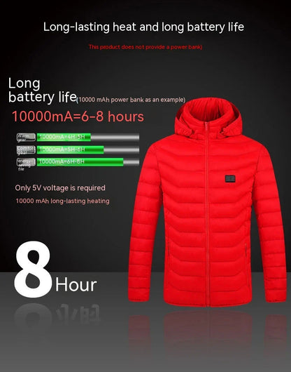 A stylish heated jacket with a removable hood, designed for warmth and comfort in chilly British weather.