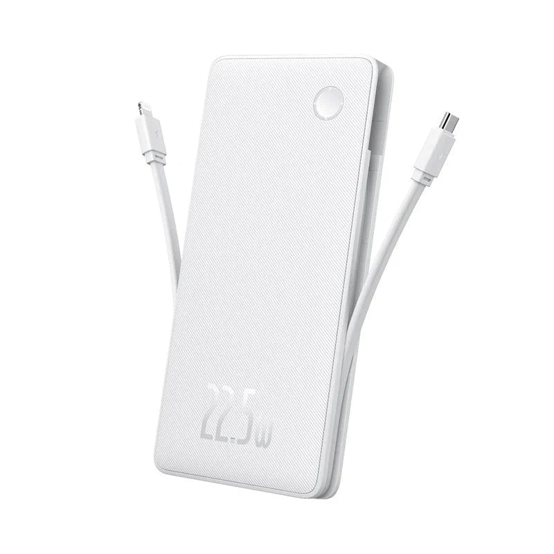Powerful 22.5W fast charging power bank with 10,000mAh capacity and built-in USB-C and Lightning cables