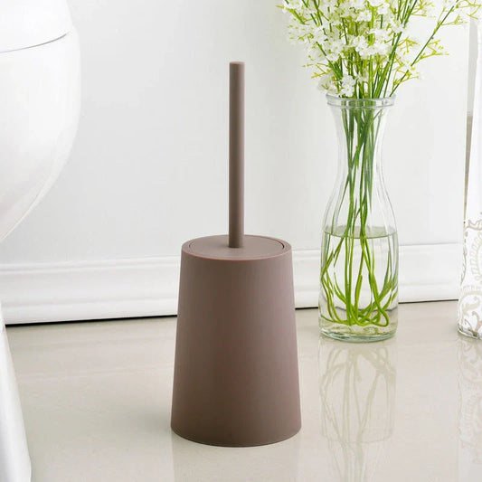 Elegant black toilet brush with stylish lid and base, designed for thorough cleaning and modern bathroom decor