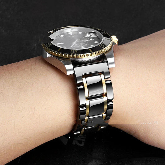 Premium five-pearl ceramic stainless steel black strap for luxury watches, featuring a sleek and sophisticated design