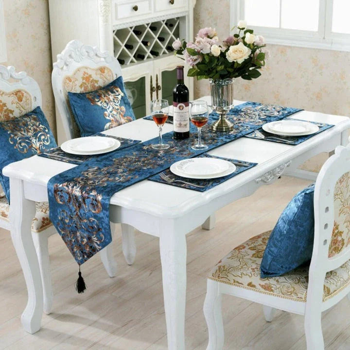 Elegant golden ornament table runner with intricate embroidery, adding a touch of regal charm to any dining setting.
