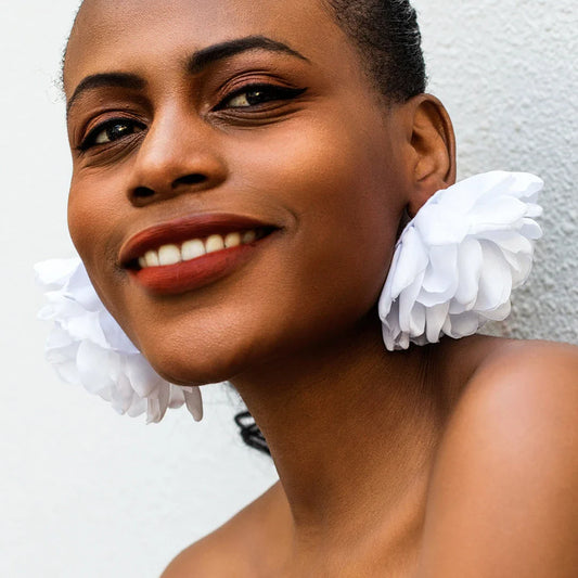 Exquisite fluffy fabric flower stud earrings in a black metal colour, featuring oversized fabric blooms for a unique and elegant design.