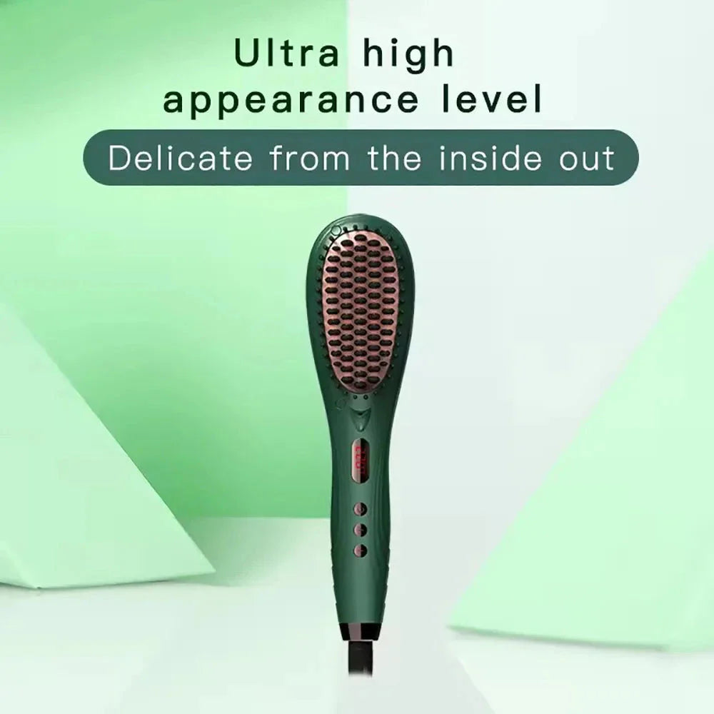 Premium Hair Straightening and Curling Brush with adjustable temperature, anti-scald technology, and anion function for frizz control
