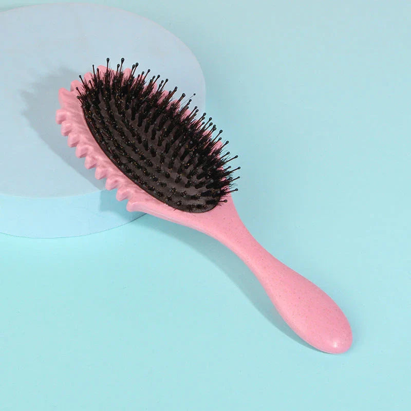 Boar Bristle Curl Defining Detangling Hair Brush in pink colour