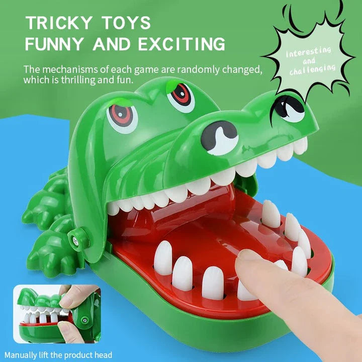 Whimsical green crocodile dentist game with bulging eyes and teeth, perfect for family fun and children's parties