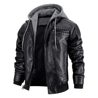 A stylish hooded PU jacket in black, designed for warm winter wear with practical features and a tailored fit.
