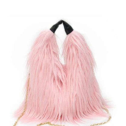 Soft, plush lime-coloured faux fur bucket bag with adjustable strap and chic chain decoration