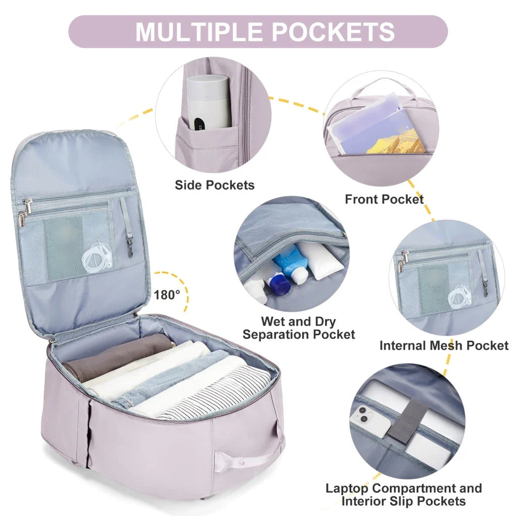 Premium airline-approved travel backpack in purple, featuring waterproof nylon construction, multiple compartments, and comfortable design