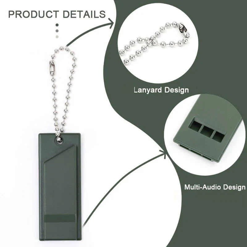 High-decibel outdoor survival whistle in dark green, made of durable polystyrene material for long-lasting use