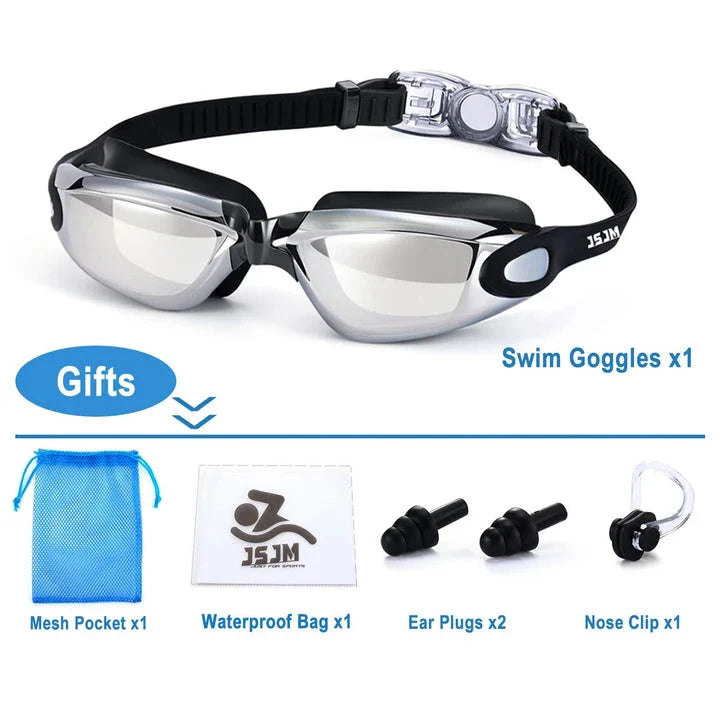 Premium adult swimming goggles with anti-fog lenses, UV protection, and adjustable silicone frame