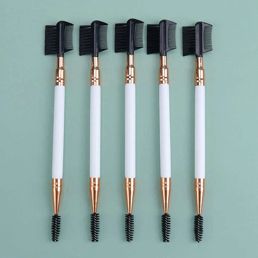 Premium dual-ended eyebrow and eyelash grooming brush with wooden handle and nylon bristles