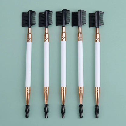 Premium dual-ended eyebrow and eyelash grooming brush with wooden handle and nylon bristles