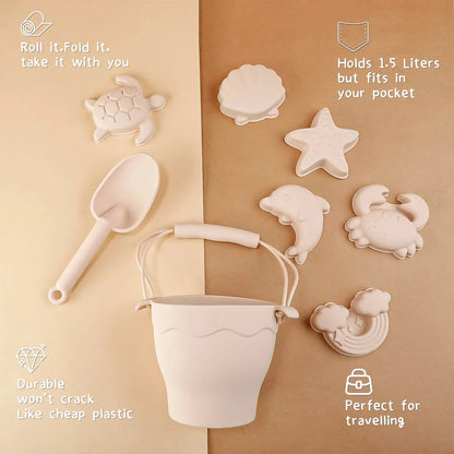 Premium eco-friendly silicone beach playset with bucket, spades, and themed molds for children's creative outdoor play