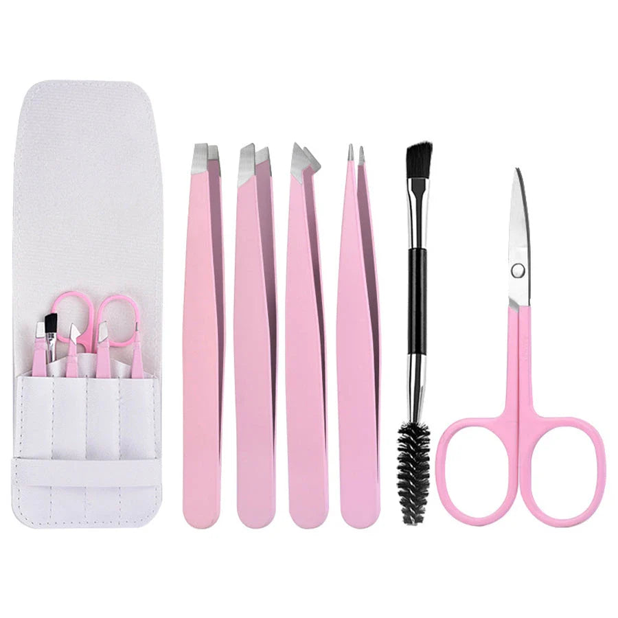 Premium 6-Piece Eyebrow Grooming Kit with Precision Tweezers, Curved Scissors, and Dual-Sided Brow Brush