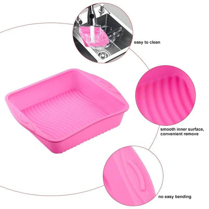 Premium square silicone cake baking mould in a vibrant pink colour