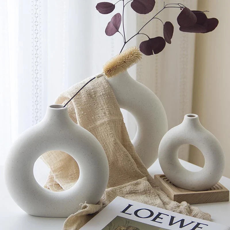 Circular Hollow Ceramic Vase in a minimalist, Nordic-inspired design for elegant home decor