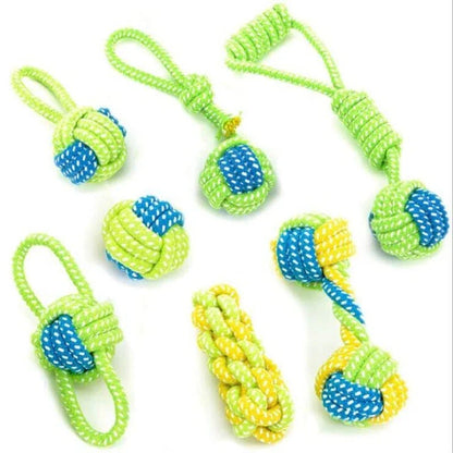 A 7-piece set of premium cotton rope toys for pets, featuring vibrant colours and varied shapes to stimulate your pet's senses