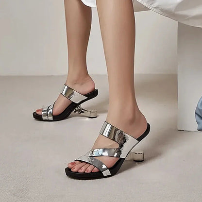 Genuine leather high heel slides with a unique and distinctive design, perfect for summer fashion and comfort.