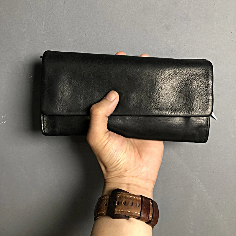 Premium handcrafted cowhide wallet with retro-inspired design, featuring hidden zipper compartment and dedicated card slots