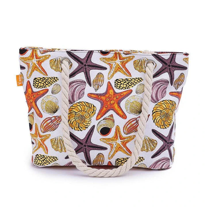 Stylish canvas beach tote bag with Shells Conch print design, perfect for summer adventures