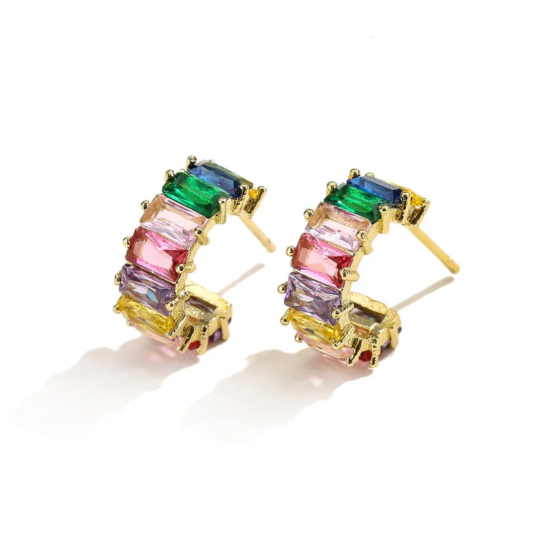 Multicolour glass diamond C-shaped earrings with alloy-inlaid artificial gems and semi-precious stones