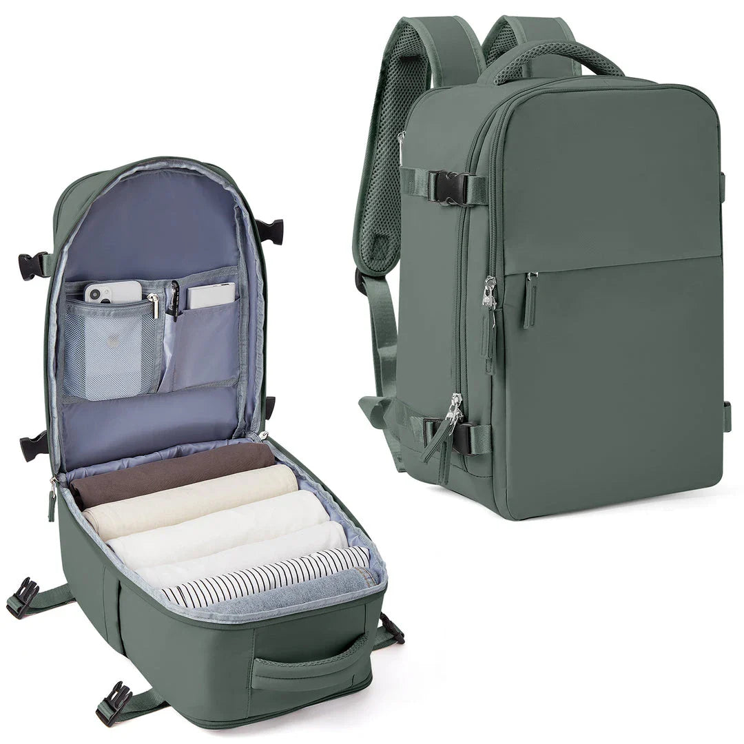 A durable and spacious travel backpack with multiple compartments and padded shoulder straps, suitable for British adventurers and commuters.