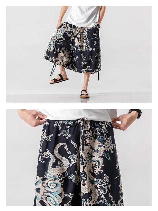 Men's loose-fitting Chinese-inspired cropped pants with a dragon or elephant floral pattern in navy blue, red, or coffee colours