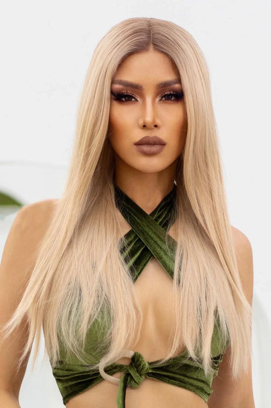 Stunning 24-inch synthetic lace front wig with 150% density, featuring a sleek straight hairstyle in a glamorous gold colour