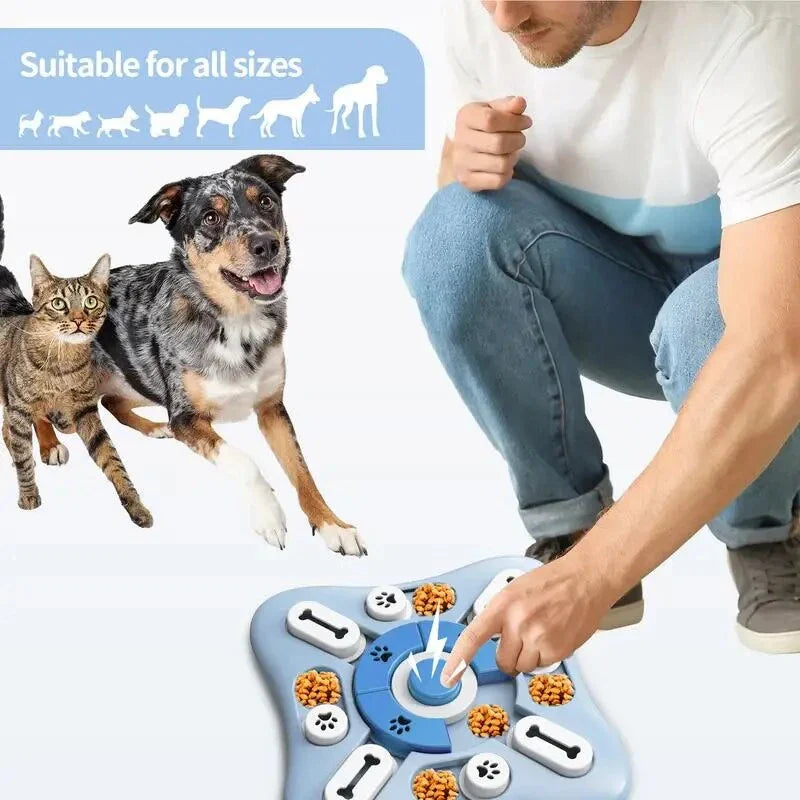 Interactive dog puzzle toy with treat dispenser and squeaky features for mental stimulation and enrichment