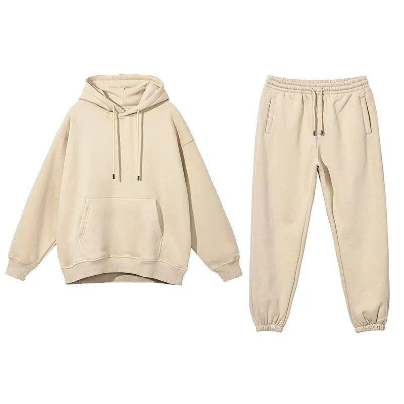 Cosy fleece hoodie and jogger set in light pink, grey, and navy blue colours for ultimate comfort and style