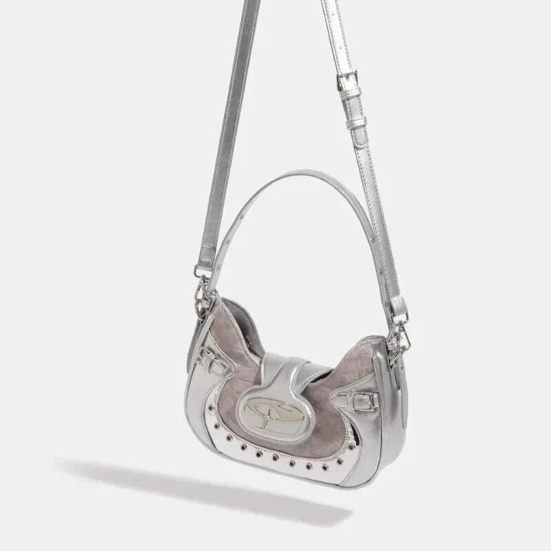 Premium Gothic Silver Patchwork Handbag with Versatile Strap and Reliable Zipper Closure