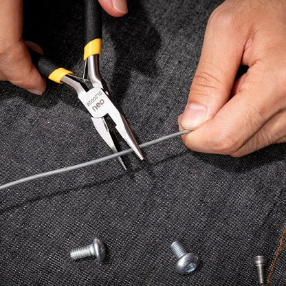 A close-up view of a pair of 5-inch mini long nose pliers with a carbon steel construction and a comfortable plastic handle.