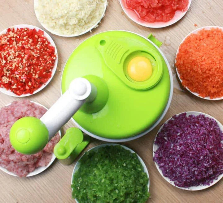 Premium manual food processor with stainless steel blades and durable plastic construction, perfect for chopping, slicing, and dicing a variety of ingredients in the kitchen.