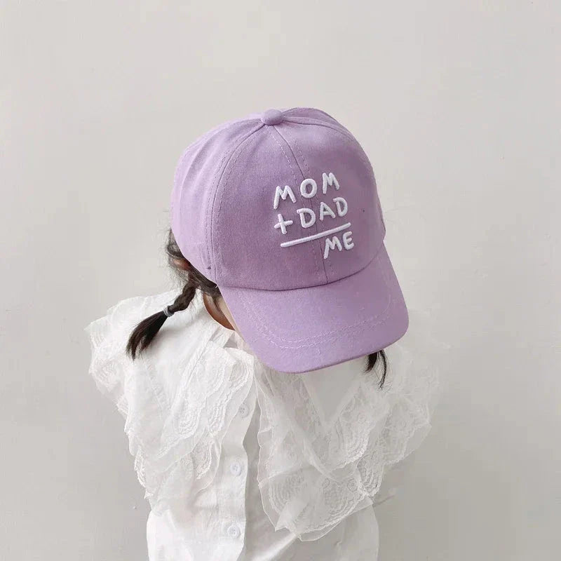 Adjustable cotton sun hat for kids with 'MOM+DAD=ME' embroidery, offering UV protection and breathable comfort