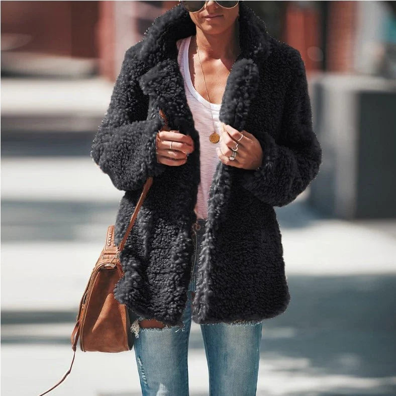 Stylish long-sleeve jacket cardigan in black, made with premium polyester for comfort and durability