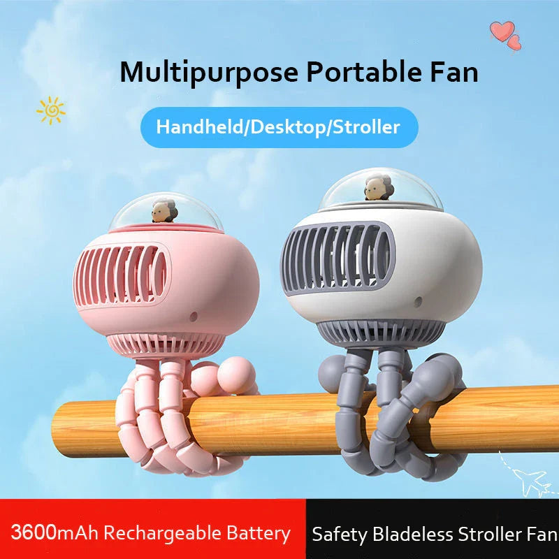 Stylish cartoon portable safe stroller fan with bladeless design and 130-degree automatic rotation for customisable cooling