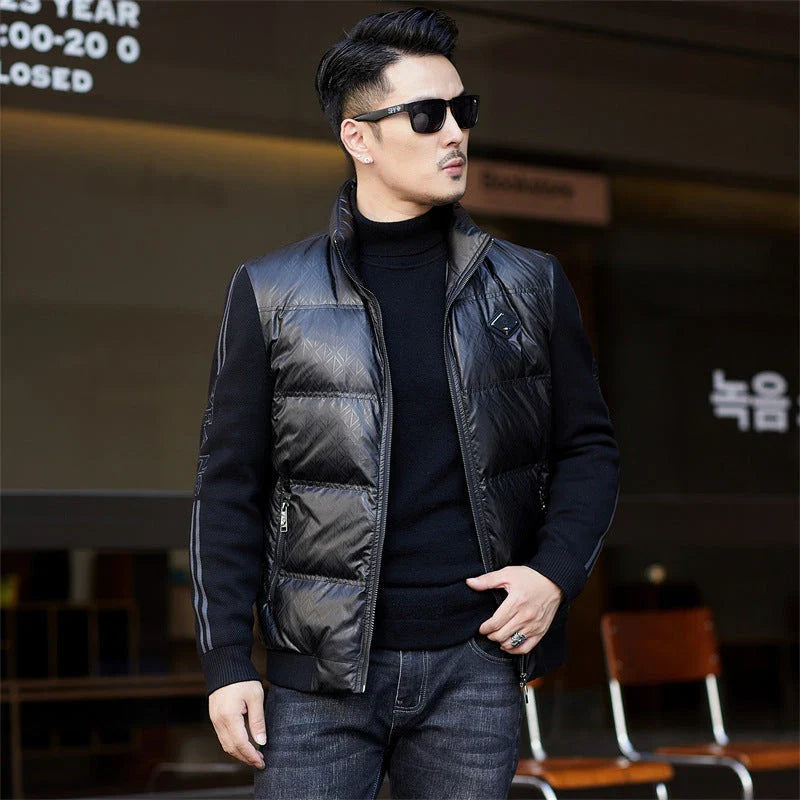 Warm and weatherproof men's down jacket with stand collar and knitted sleeves, made from premium polyester fibre and filled with luxurious duck down