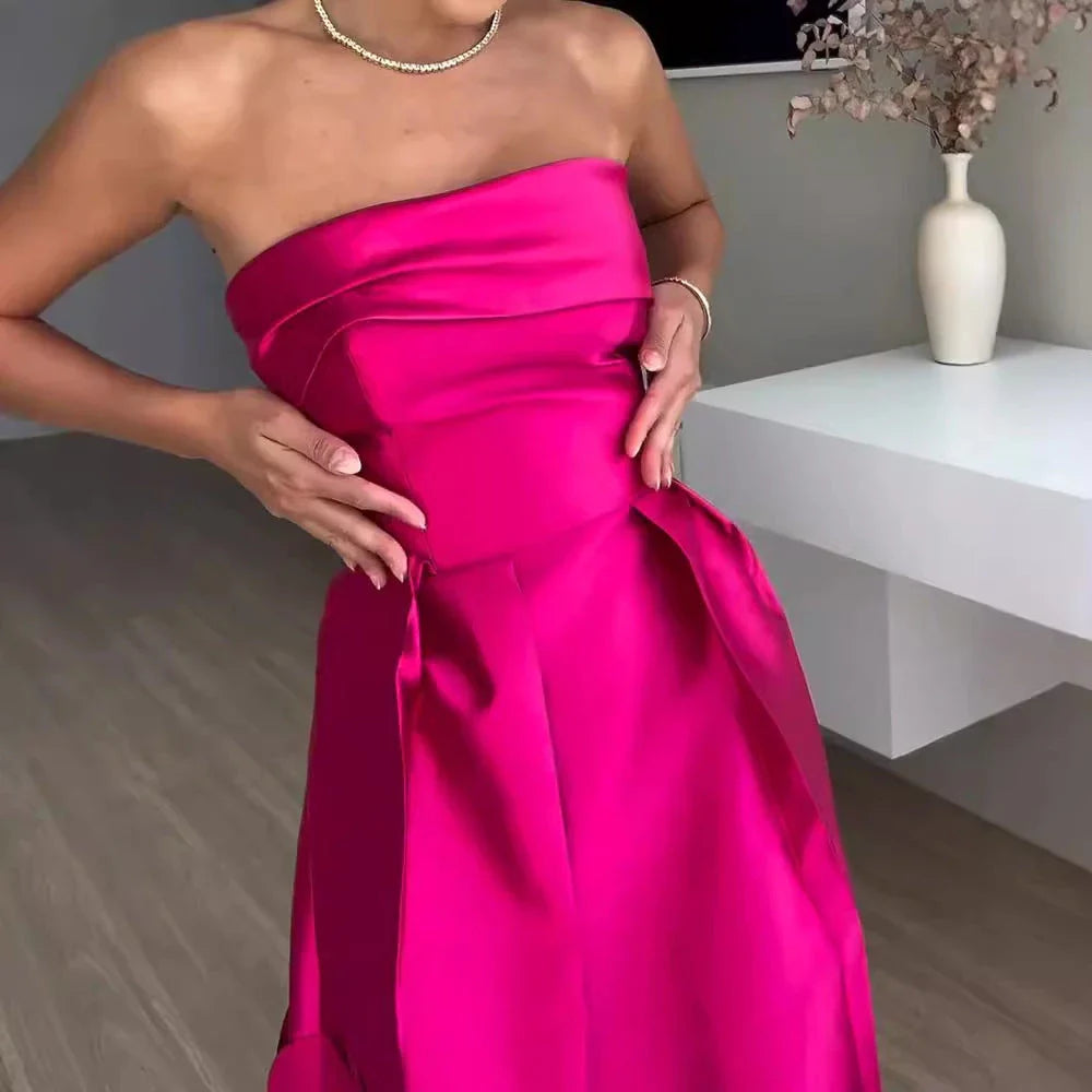 Elegant patchwork satin dress with sleek tube top, high-waist silhouette, and full-length swing skirt in vibrant rose red colour