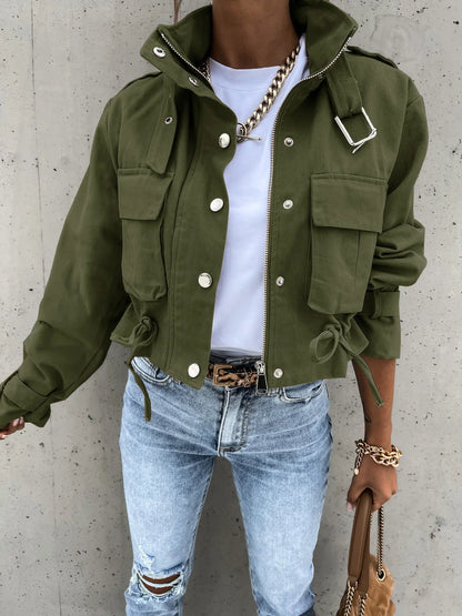Trendha Polyester Motorcycle Jacket in Black and Army Green, available in sizes S-XL