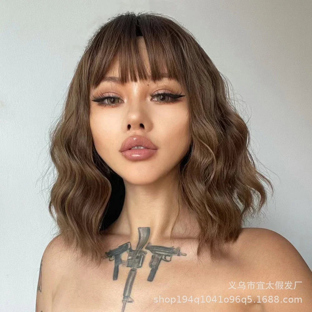 A premium curly wig with natural-looking waves and customisable air bangs, crafted with high-quality artificial hair fibres for a versatile and long-lasting style.