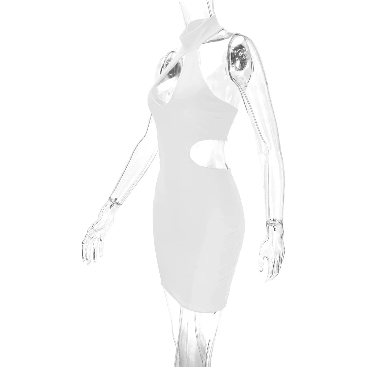 A chic backless halter dress made from premium milk silk with cut-outs at the hips, perfect for formal or semi-formal events.