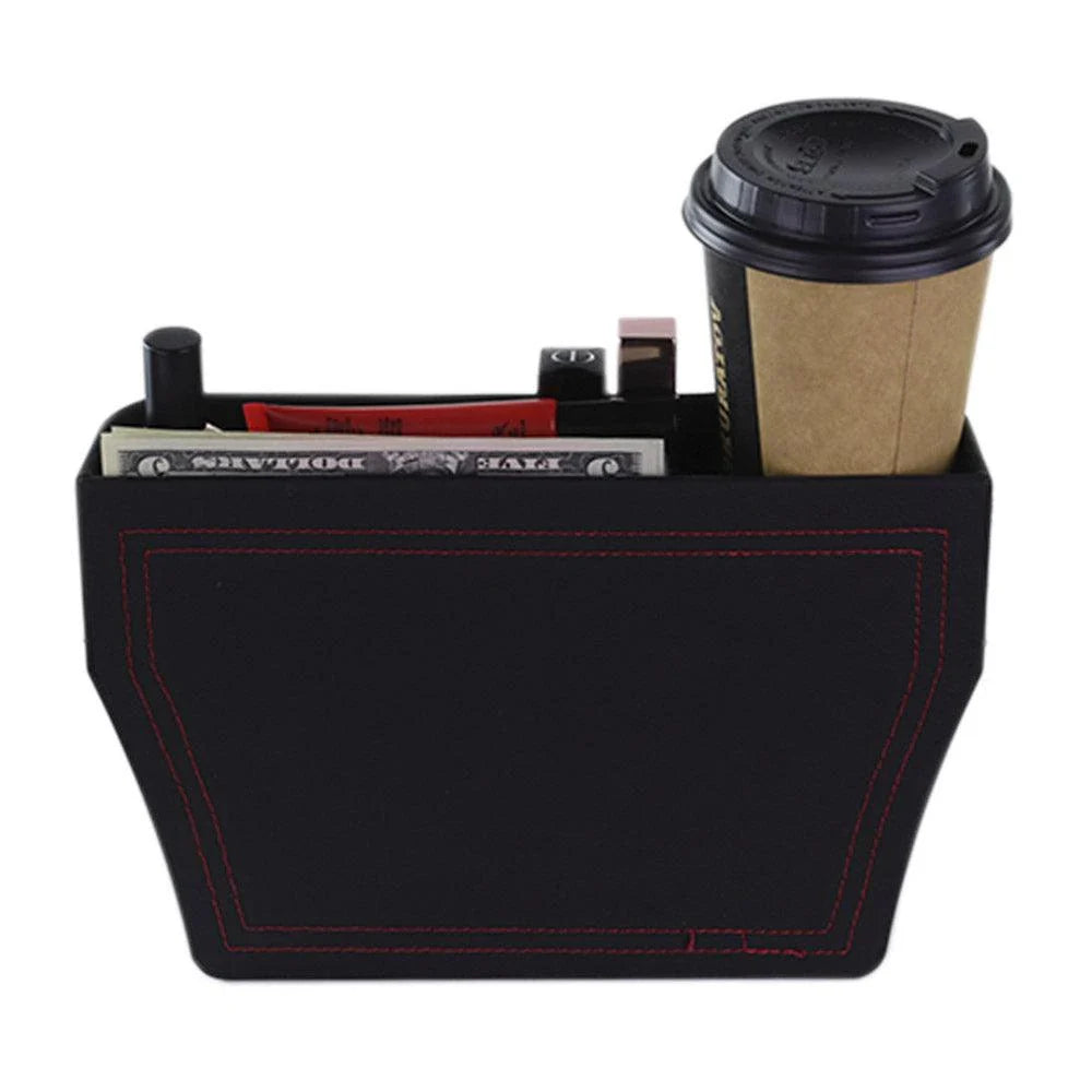 Premium multifunctional car seat organiser with various compartments for storing phones, chargers, pens, and other car essentials