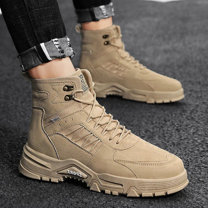 Premium leather work boots for men in black, khaki, and gray colours