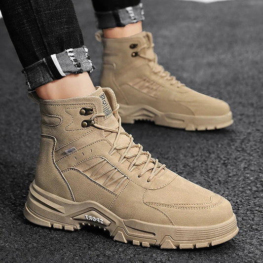 Premium leather work boots for men in black, khaki, and gray colours